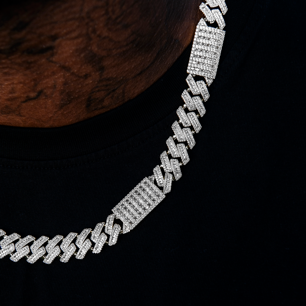 Diamond Baguette Station Cuban Chain in White Gold- 12mm