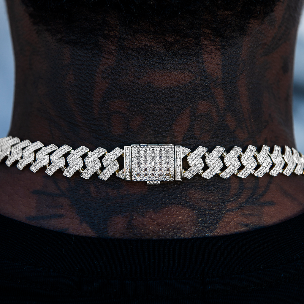 Diamond Baguette Station Cuban Chain in White Gold- 12mm