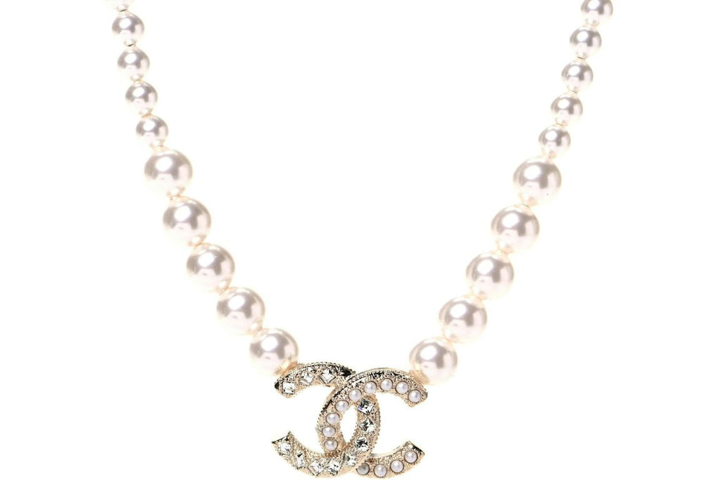 Chanel Pearl Crystal Chain CC Necklace Gold